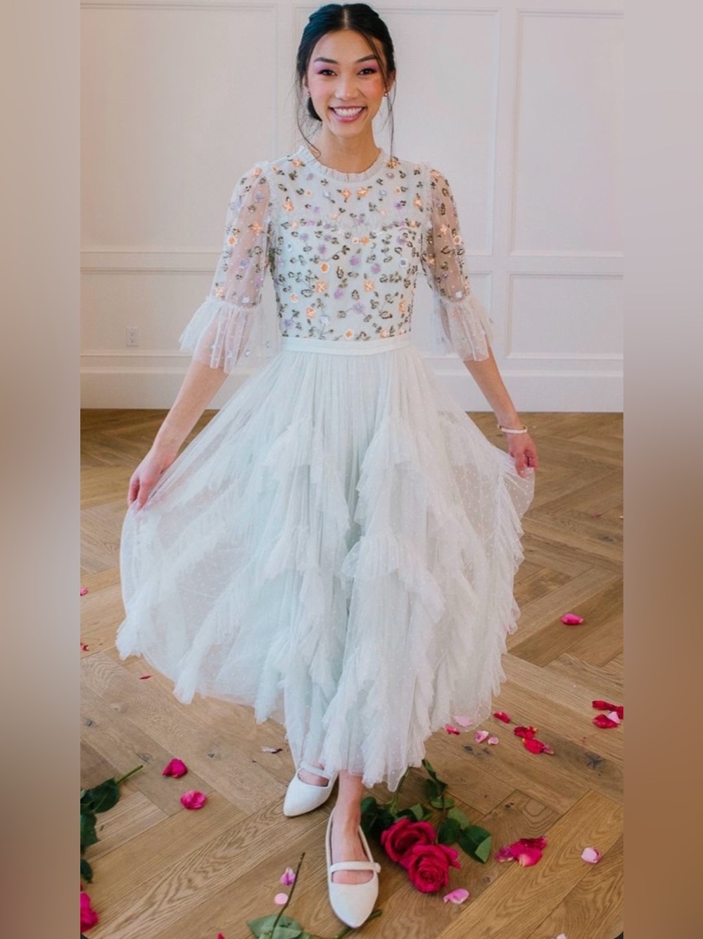 Ivy City Co. Paris Tulle Maxi Dress with floral design in Seafoam color, size S